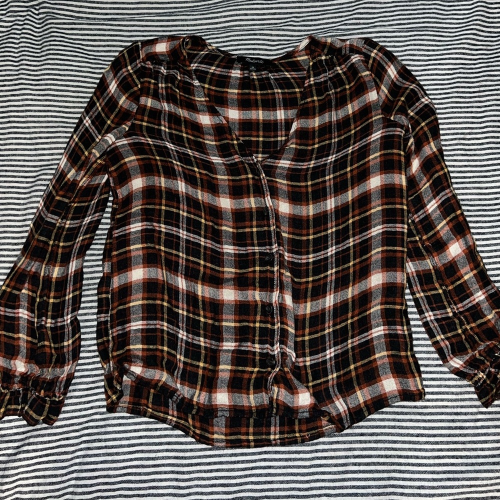 Madewell Brown Plaid Check Gauze Gauzy Long Sleeve Ruffle Top Shirt Blouse XS